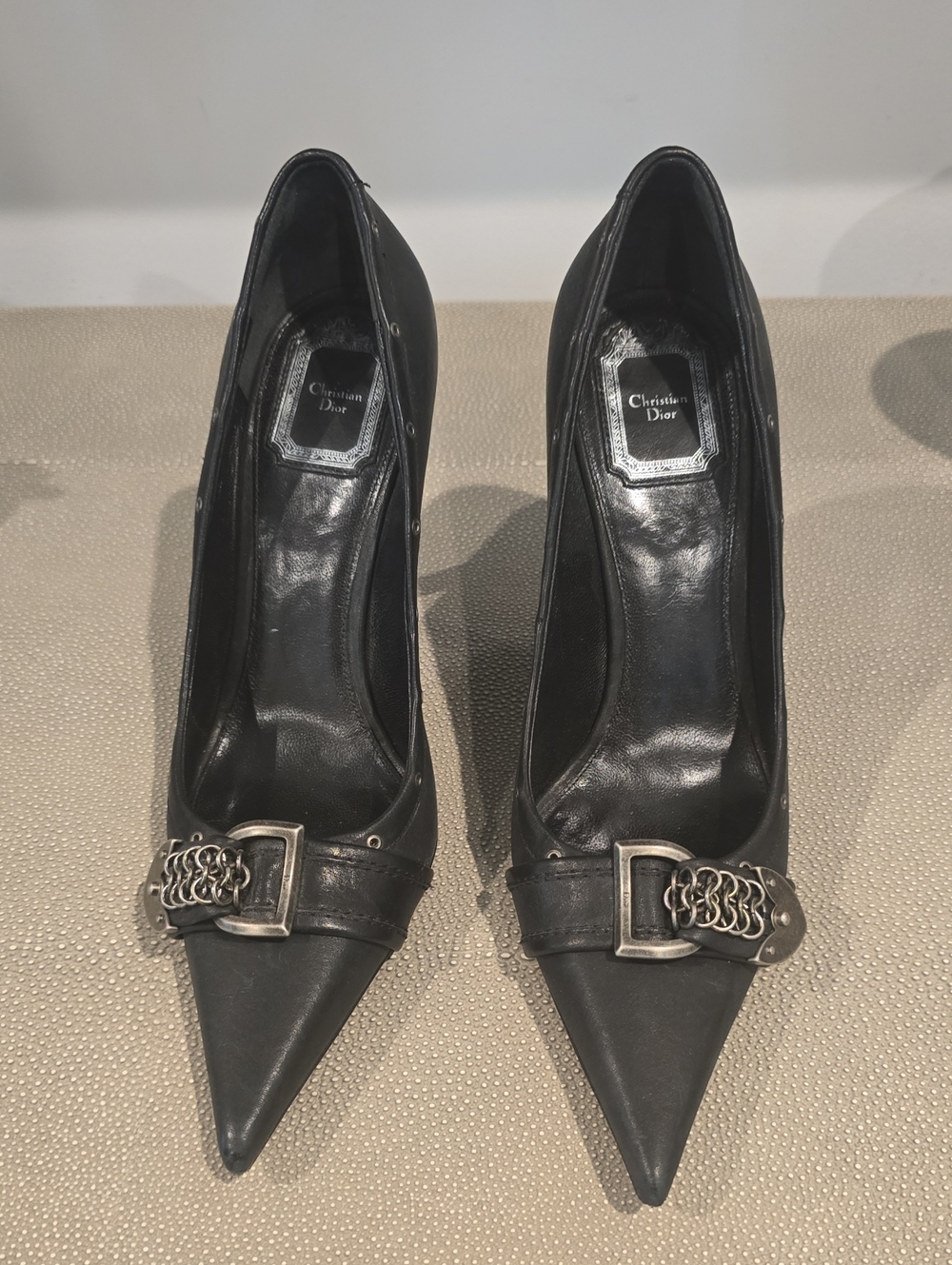 Vintage Dior GALLIANO Black Pointed Leather Buckle Chain Pumps